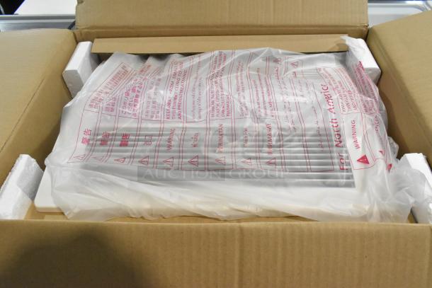 Brand new Panasonic FV-11VHL2 fan heater/light in box, marked as scratch and dent, wrapped in protective packaging with warnings.