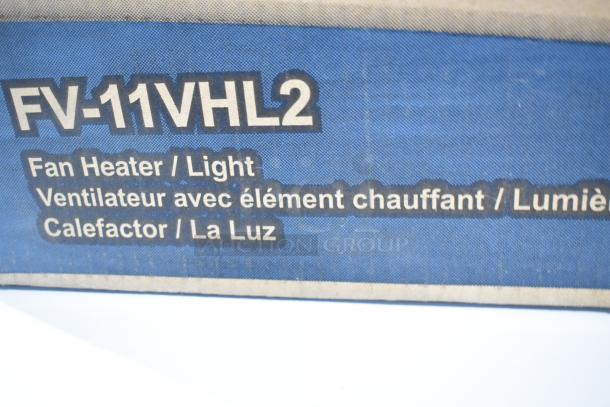 Brand new Panasonic FV-11VHL2 fan heater/light box, labeled "Fan Heater / Light" in multiple languages, scratch and dent condition.