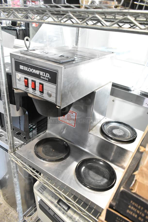 Bloomfield 8571 stainless steel 3-burner coffee machine with poly brew basket, 120V, 1 phase, good condition.