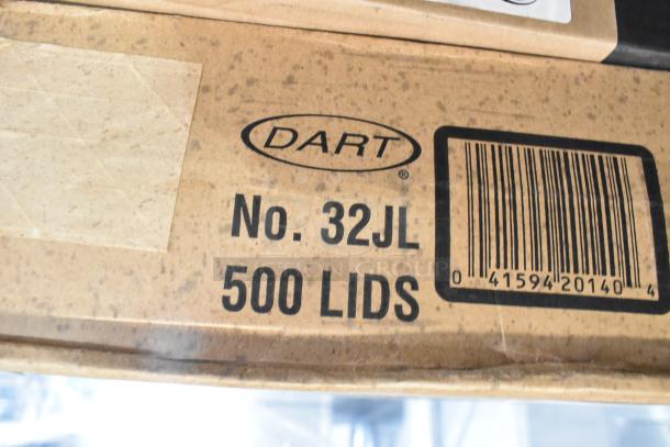 Cardboard box labeled "Dart No. 32JL 500 Lids" with a barcode, part of auction lot with 6 item types.