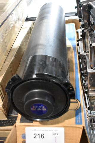San Jamar EZ Fit C2410 Cup Dispenser in black, cylindrical design. Appears in new condition with label visible at the end.
