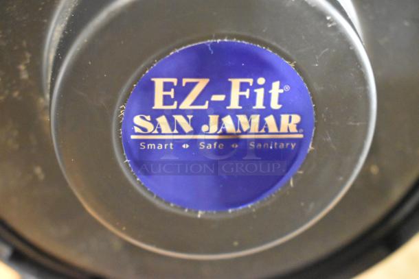 San Jamar EZ Fit C2410 Cup Dispenser with visible branding label, indicating smart, safe, sanitary features.