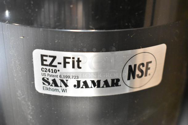 San Jamar EZ Fit C2410 Cup Dispenser, NSF certified, black finish. Label details model and patent info.