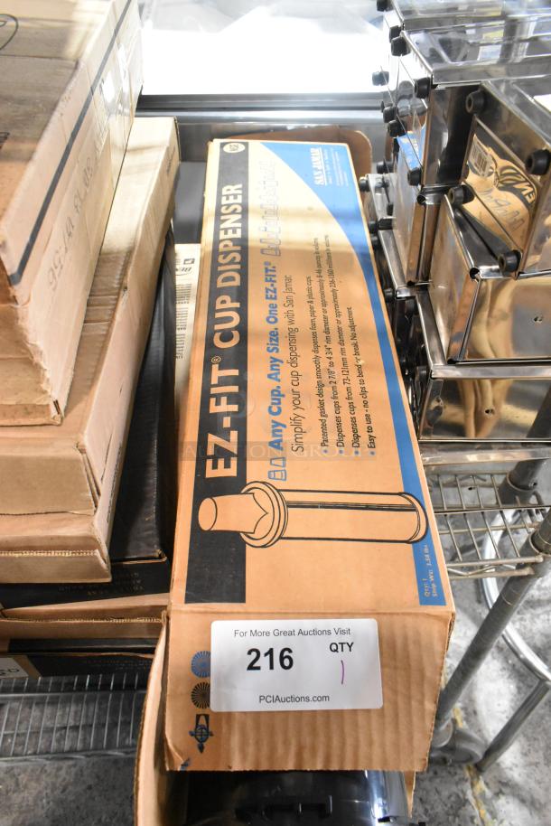 San Jamar EZ Fit C2410 Cup Dispenser in box, model EZ26. Simplifies cup dispensing, compatible with various cup sizes.