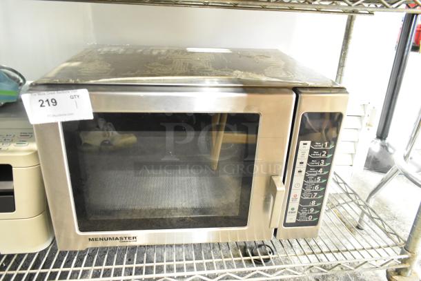 2016 Menumaster RFS12TSW stainless steel commercial microwave oven, 120 volts, visible keypad, used condition, auction tag attached.