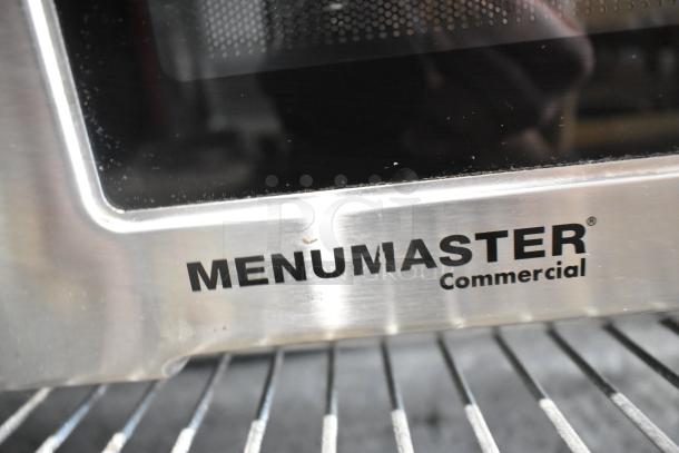2016 Menumaster RFS12TSW stainless steel commercial microwave oven, visible signage. 120 volts, 1 phase, countertop model.