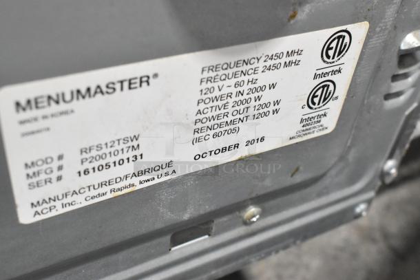 2016 Menumaster RFS12TSW stainless steel microwave oven, 120V, 1 phase, ETL certified, model and serial numbers visible.