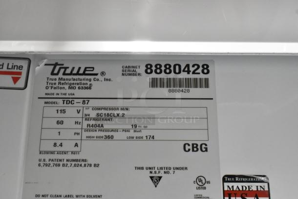 2016 True TDC-87 metal ice cream dipping cabinet, 115V, 1-phase, model plate with serial number 8880428 and specs shown.
