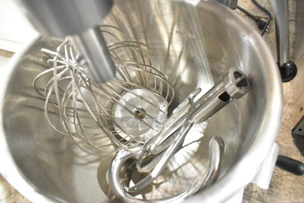 Avantco 177MX20H 20 Qt countertop dough mixer with stainless steel bowl, whisk, paddle, dough hook, and bowl guard.