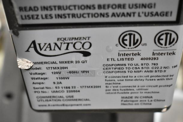 Avantco 177MX20H 20 Qt. metal mixer label, 120V, 1Ph, ETL listed, conforming to UL, CSA, NSF standards.
