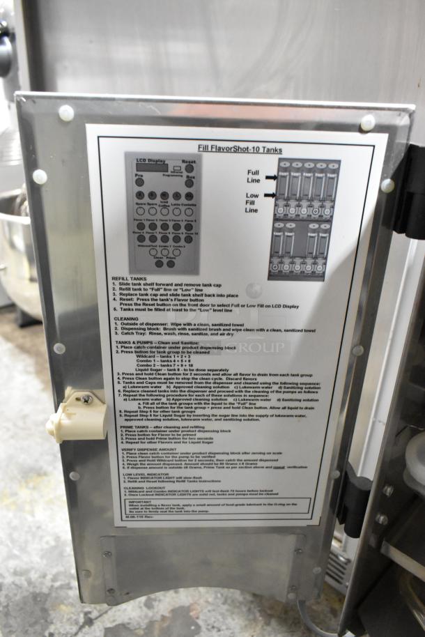 SureShot ACFS-10 stainless steel flavor dispenser with instruction panel visible. Designed for commercial use, 120V, 1 phase.