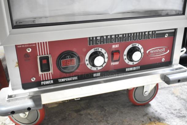 Winholt NHPL-1836CA/LC heated holding cabinet, red control panel, 120V, commercial casters, temperature and humidity controls.