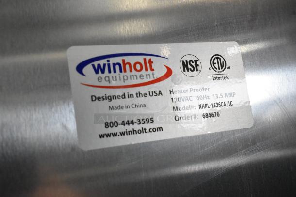 Winholt NHPL-1836CA/LC heated holding cabinet label. Displays NSF and ETL certifications, 120VAC, 60Hz, 13.5 AMP specs.