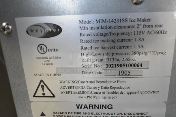 2019 Whynter MIM-14231SS ice machine tag showing model, UL listing, voltage, refrigerant type, and warnings.