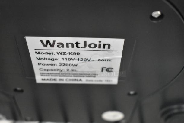 WantJoin WZ-K90 blender base label showing model, 110-120V, 2200W, 2.2L capacity; Made in China.