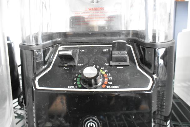 Cranddi K90 Blender Base with controls, pitcher, and enclosure. Voltage: 110V, 1 Phase. Includes warning label.