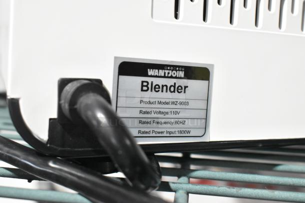 Wantjoin WX-9003 Blender base with label showing: 110V, 60Hz, 1800W, 1 Phase. Includes pitcher and enclosure cover.