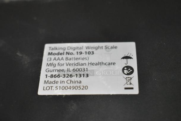 Talking Digital Weight Scale, Model No. 19-103, requires 3 AAA batteries, made for Veridian Healthcare, labels visible.