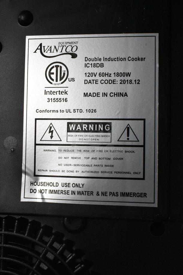 2018 Avantco IC18DB Stainless Steel Commercial Countertop 2 Burner Induction Range label. 120V, 1 Phase, ETL listed.