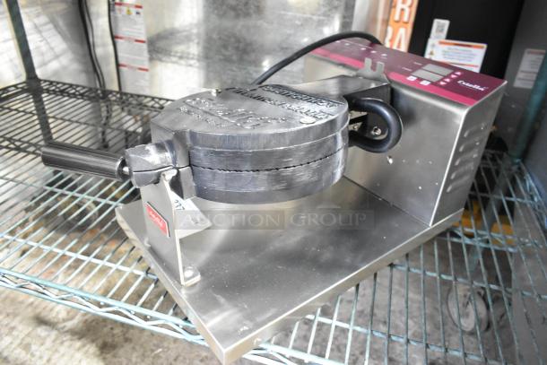 2024 Estella 348WCMX1A stainless steel rotating waffle maker on countertop. Features 120 volts, 1 phase. Visible control panel.