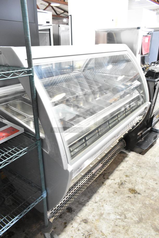 Sevel metal gelato case with stainless steel 1/3 size drop-in bins, 208V, 1 phase; commercial floor model.