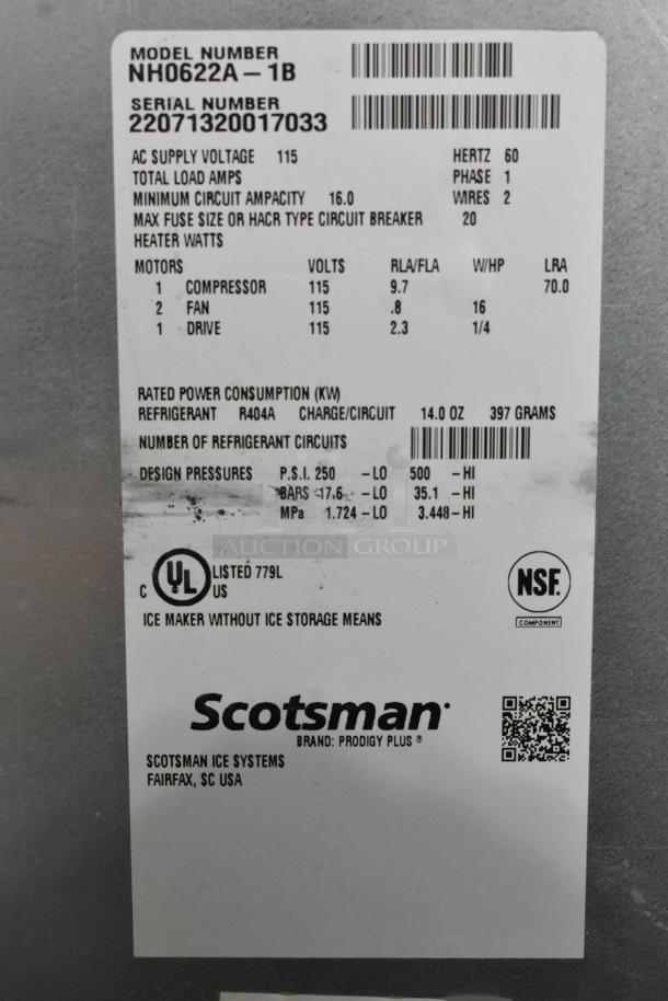 Scotsman NH0622A-1B stainless commercial ice head label, 115V, 1Phase. Damage visible. UL and NSF certified.