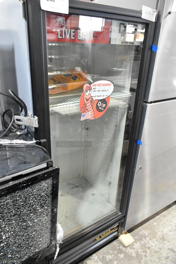 True GDM-12-LD reach-in cooler merchandiser with single glass door and poly coated racks, 115 volts, 1 phase, used condition.