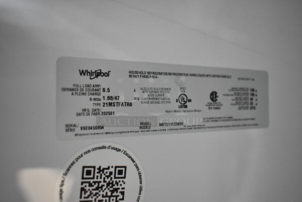 Label on a stainless steel Whirlpool Cooler with Freezer, model 21MSTFATR6, indicates 115V, 1 Phase, 2025 manufacture date.