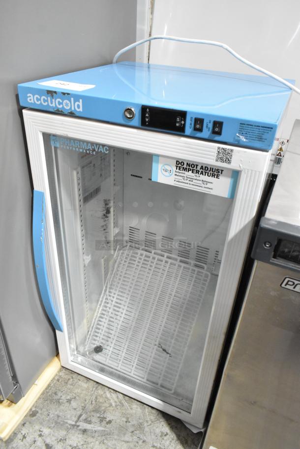 Accucold ARG3PV metal mini cooler merchandiser, 115V, 1 phase. Features glass door, top controls, and "Pharma-Vac" performance label.