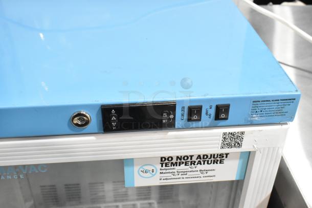 Accucold ARG3PV Metal Mini Cooler with digital controls, blue top, and safety lock. 115 Volts, 1 Phase.