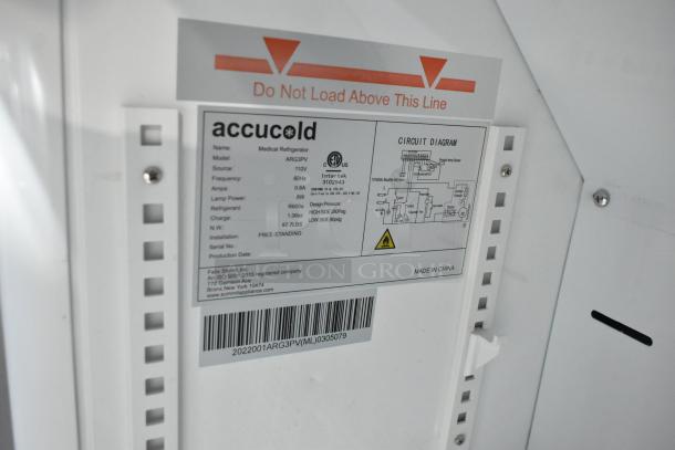 Accucold ARG3PV Metal Mini Cooler Merchandiser label, 115V, 1 Phase, model details, circuit diagram, barcode visible.