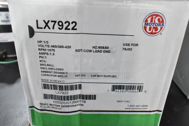 US Motors LX7922 motor label showing specifications: 460/380-420V, 1 phase, 1075 RPM, 1/3 HP, enclosed, made in Mexico.