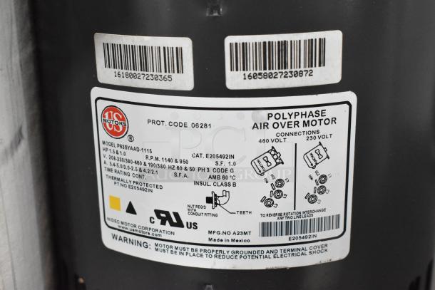 Hussmann P63SYAAD-1115 fan condenser label. Specs: 208-230/380-460V, 3-phase. Features barcode, model, and safety warnings.