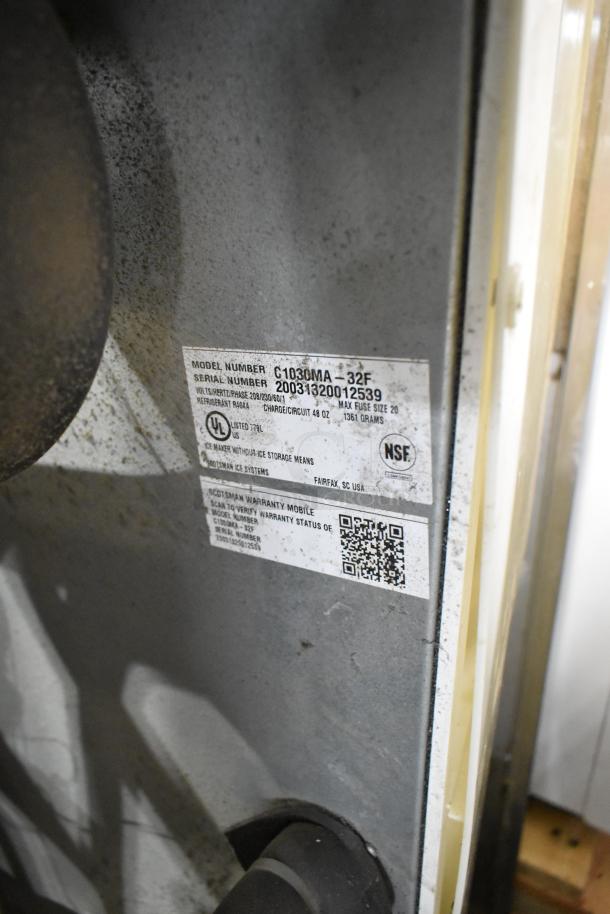 2020 Scotsman C1030MA-32F stainless steel ice head, 208/230V, 1 phase, commercial use, label indicates UL listed and NSF certified.