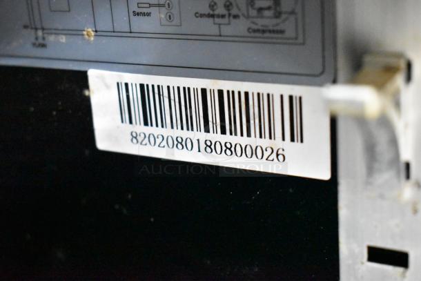 Barcode label on SG DD-12 commercial cooler, displaying serial number 8202080180800026.