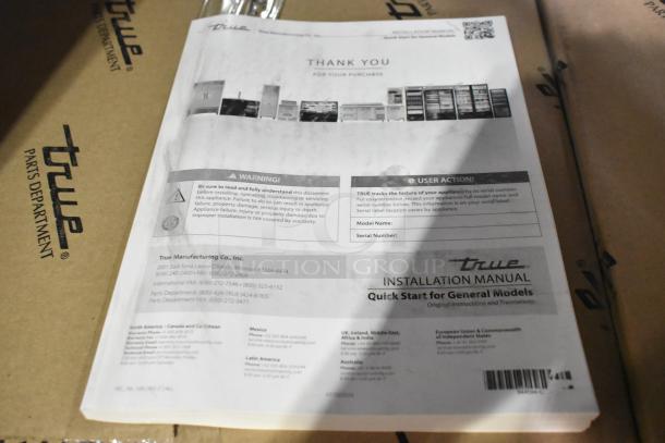Installation manual for the True 2025 TVM-48SL-HC commercial cooler, showing brand details and serial number sections.
