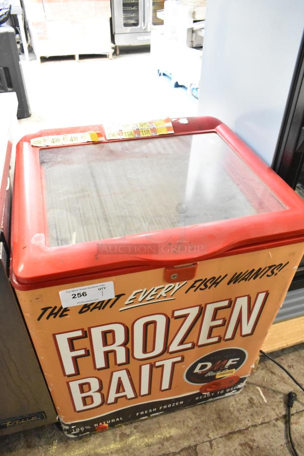 XS110F Metal Chest Freezer Merchandiser, vintage design, 115 Volts, 1 Phase. Features "Frozen Bait" branding. Used condition.