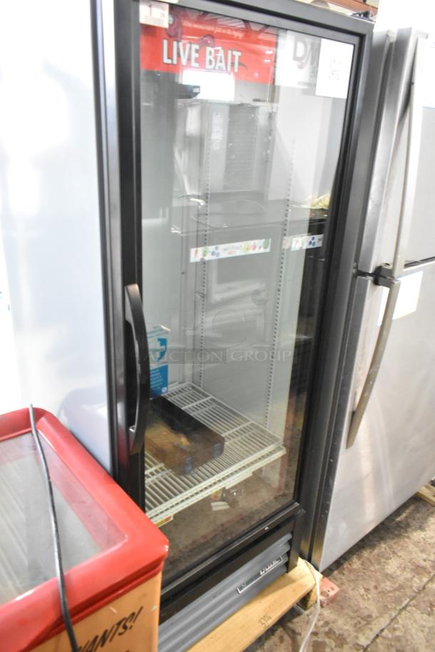 2021 True GDM-12-HC single door reach-in cooler merchandiser, metal, poly-coated racks, "Live Bait" label visible, 115 volts.