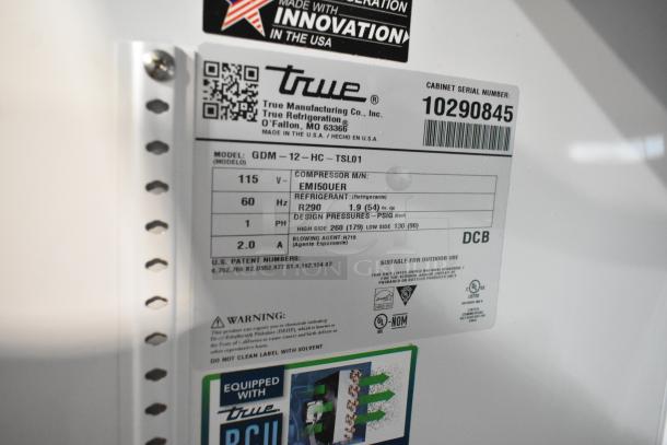 2021 True GDM-12-HC commercial cooler label detailing model, voltage, phase, refrigerant info; serial number 10290845.