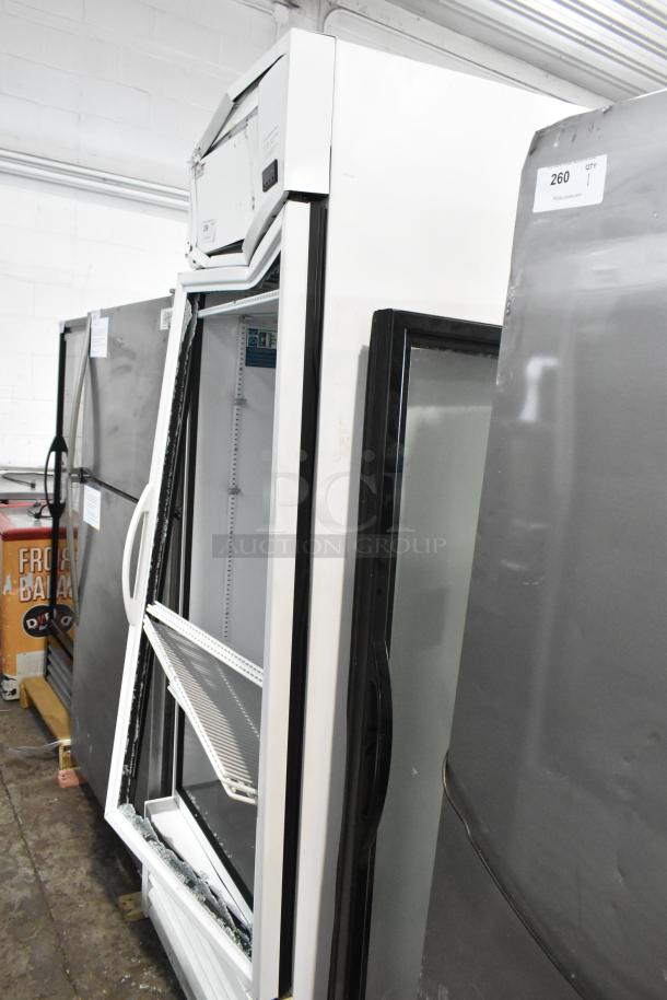 2021 True TSCI-600R-G-PH Commercial Cooler, single door, metal, 115V, 1 Phase, glass broken, visible interior shelving.