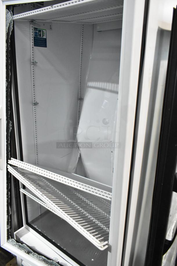 2021 True TSCI-600R-G-PH commercial cooler, single glass door, metal shelves, 115V, damaged interior.