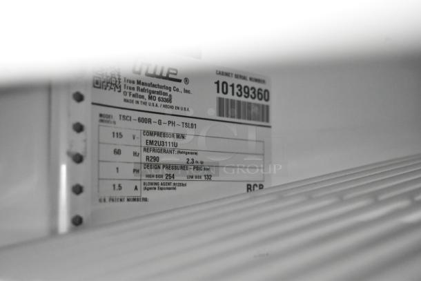 2021 True TSCI-600R-G-PH commercial cooler label, 115V, 1 phase. Displays model and refrigerant info, serial number 10139360.