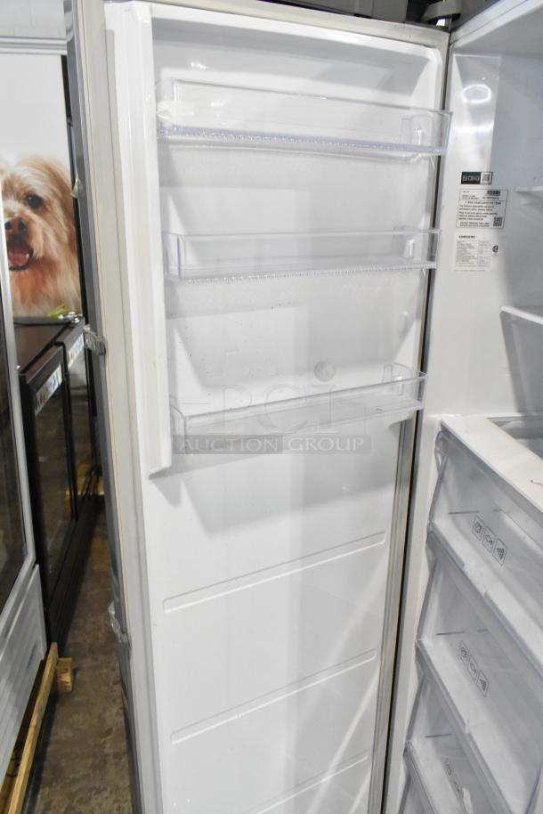 Samsung RZ11M7074SA stainless steel single door reach-in freezer with interior shelving, 115V, 1 phase, excellent condition.