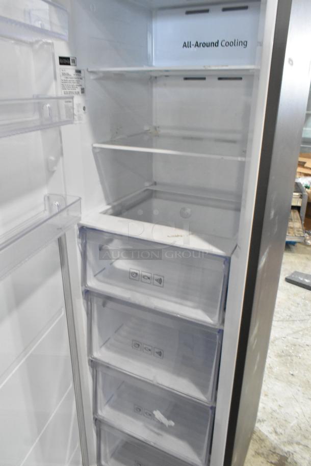Samsung RZ11M7074SA single door reach-in freezer in stainless steel, 115V, 1 phase, interior with shelves and drawers, "All-Around Cooling" marked.