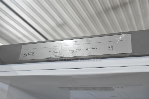 Samsung RZ11M7074SA stainless steel freezer control panel showing No Frost, Temperature, Power Freeze, Door Alarm, and Lock options.