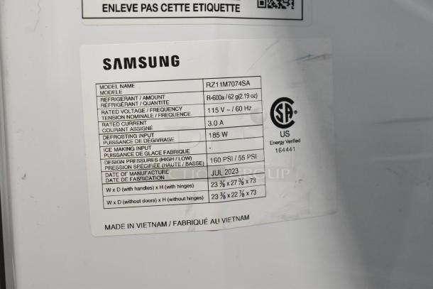 Samsung RZ11M7074SA stainless steel freezer label detailing specifications: 115V, 1 phase, made in July 2023.