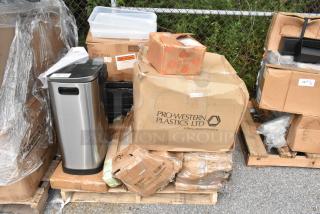 Boxes of mixed items including Regency wall brackets, hand sinks, mop heads, pie pans, new in scratch and dent condition.