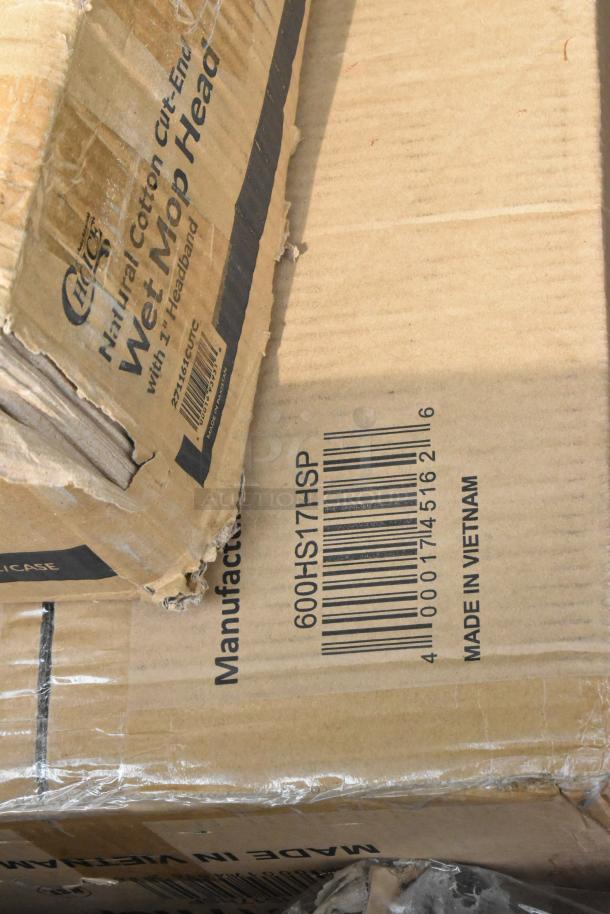 Boxes with Regency wall-mounting bracket, hand sink, Choice mop head, Baker's Lane pie pan. Labels detail item specs.