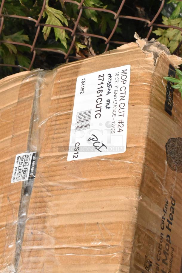 Damaged box with label "Mop Ctn Cut #24, 16 oz., 1'' Band Choice, 271161CUTC, 12/Case." Box has missing contents.