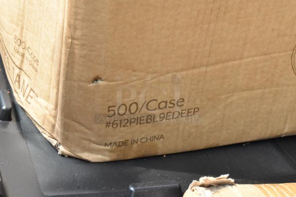 Cardboard box labeled "500/Case #612PIEBL9EDEEP, Made in China," showing slight wear. Contains extra deep foil pie pans.